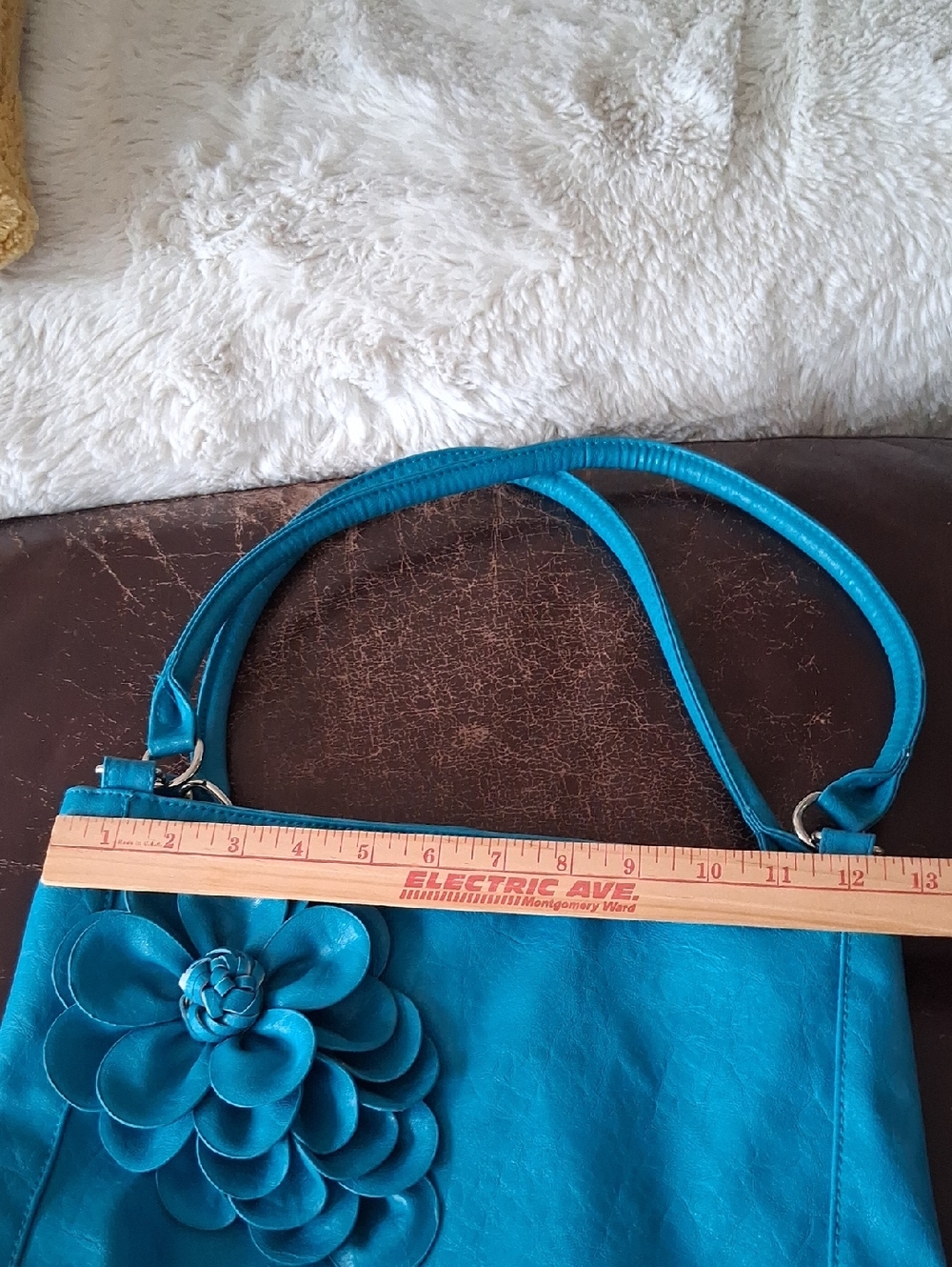 Teal Floral Leather Tote Bag - Women's Shoulder Handbag - Picture 10 of 10